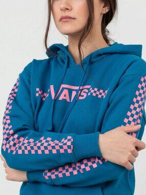 Vans Checkerboard Sleeve Hoodie Blue Pink Logo Pullover Size L Funnier Time